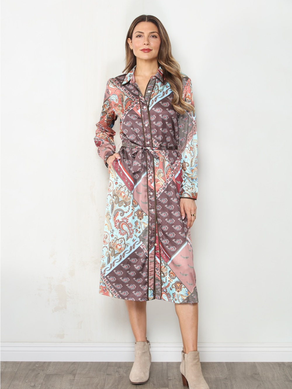 Patchwork Paisley Midi Shirt Dress — Pink, Brown & Light Blue
